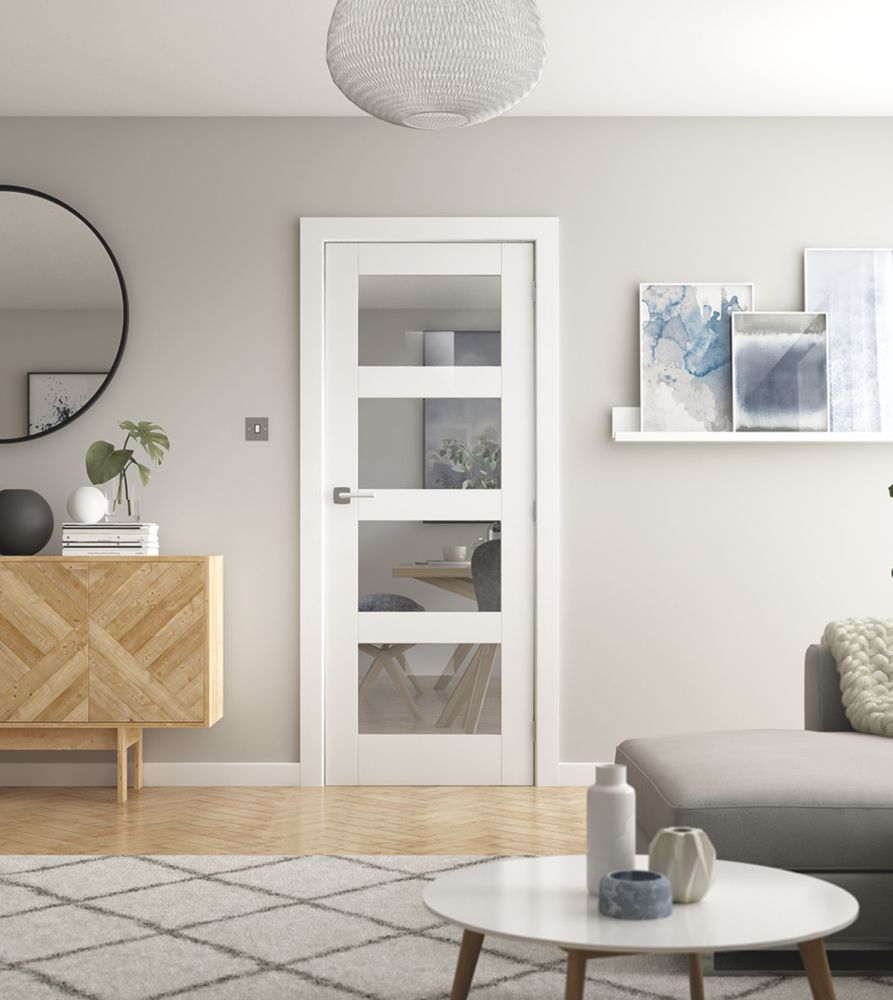 Image of Jeld-Wen 4-Clear Light Primed White Wooden Shaker Internal Door 1981mm x 762mm 