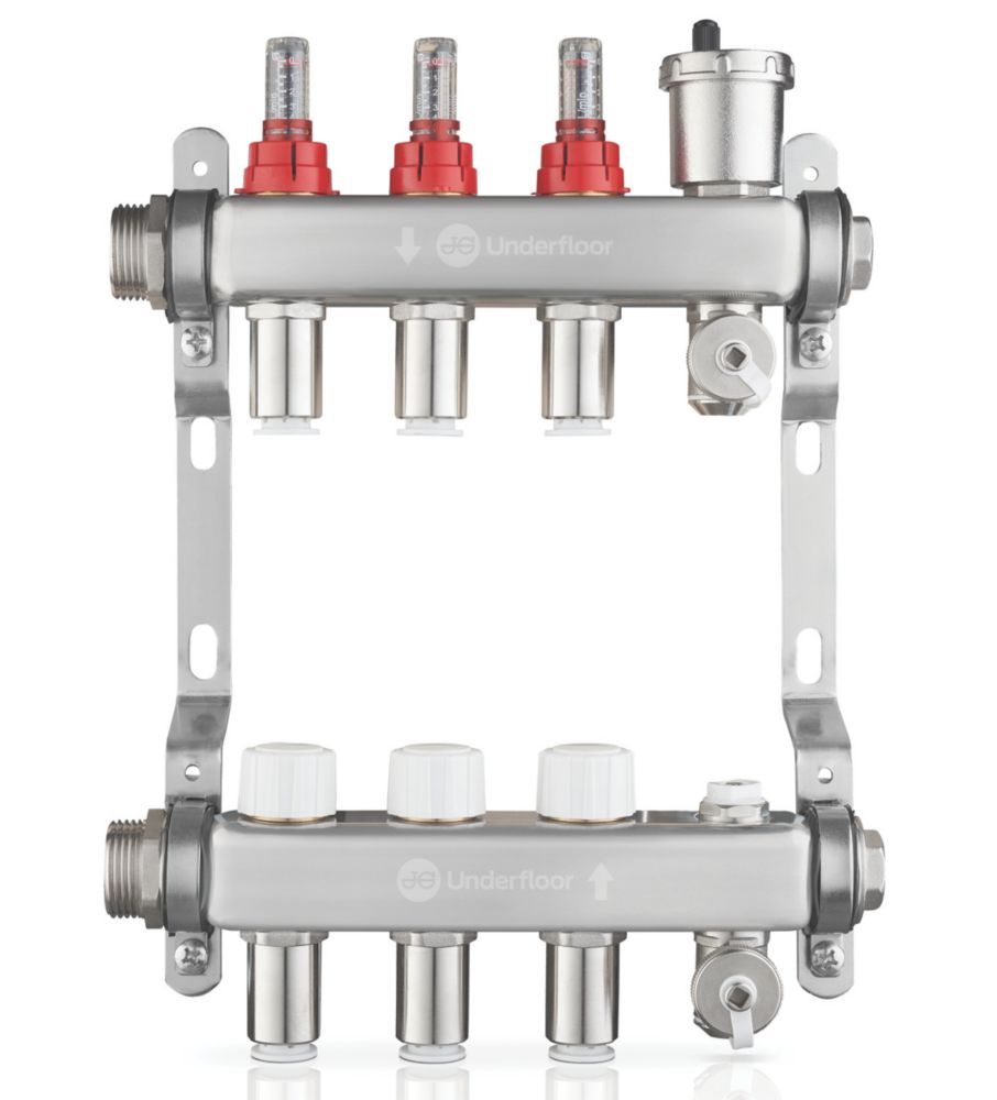 Image of JG Underfloor 3 Port LowFit Underfloor Heating Manifold Brushed Steel 