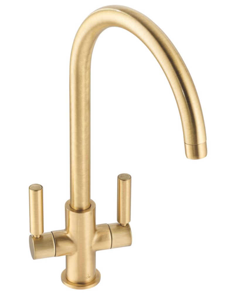 Image of Abode Globe Swan Dual-Lever Mono Mixer Kitchen Tap Brushed Brass 