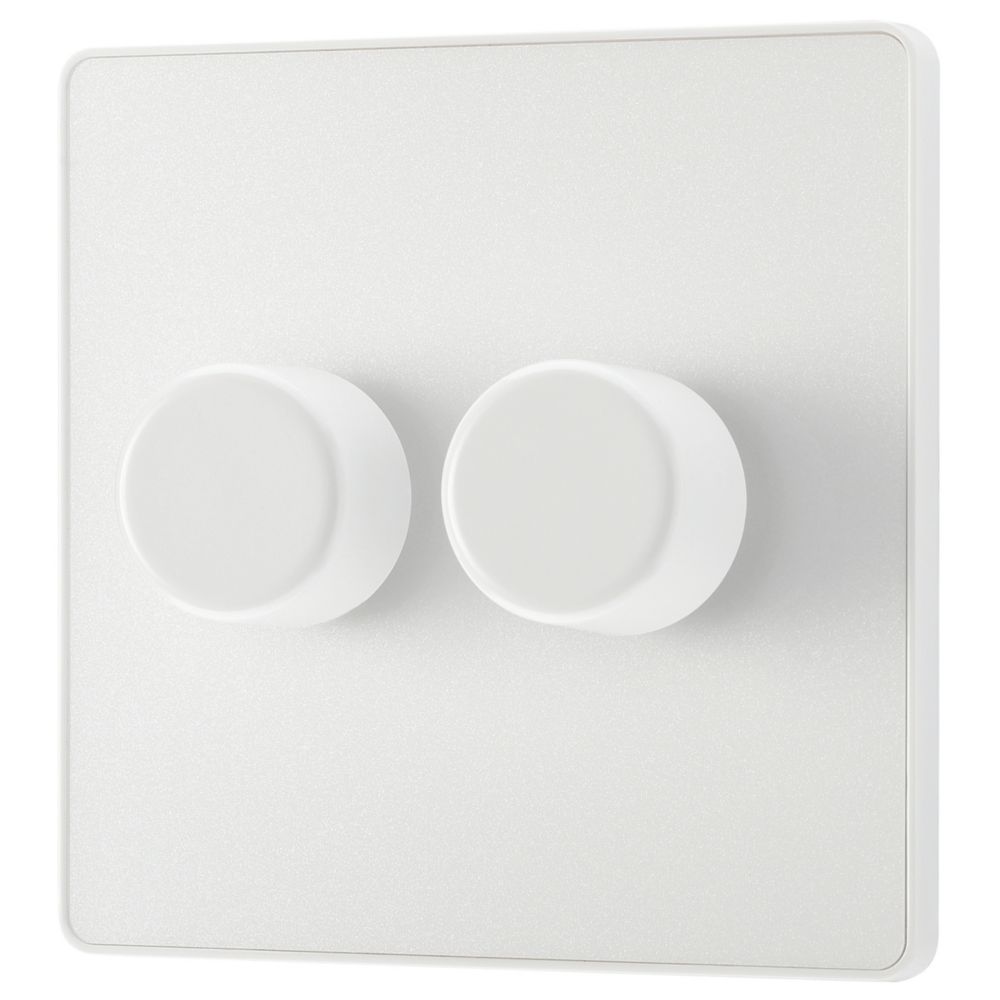 Image of British General Evolve 2-Gang 2-Way LED Trailing Edge Double Push Dimmer with Rotary Control Pearlescent White with White Inserts 