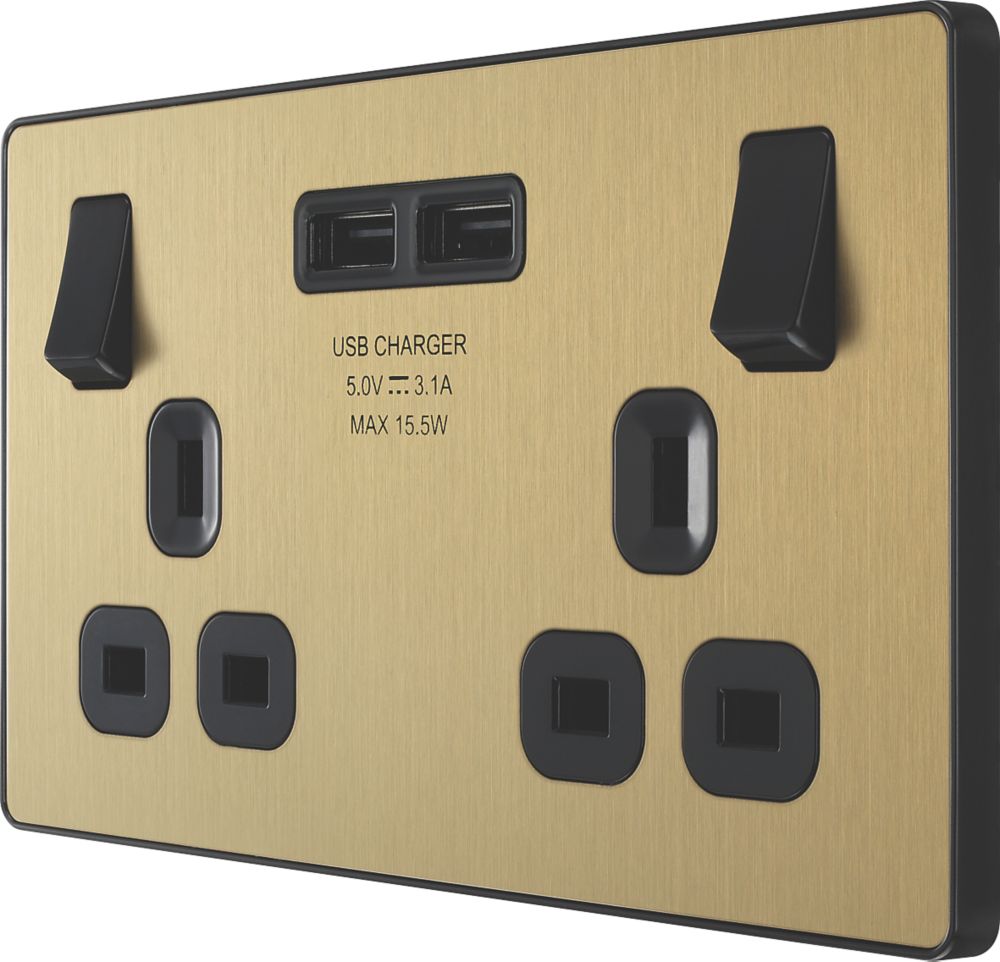 Image of British General Evolve 13A 2-Gang SP Switched Socket + 3.1A 2-Outlet Type A USB Charger Satin Brass with Black Inserts 