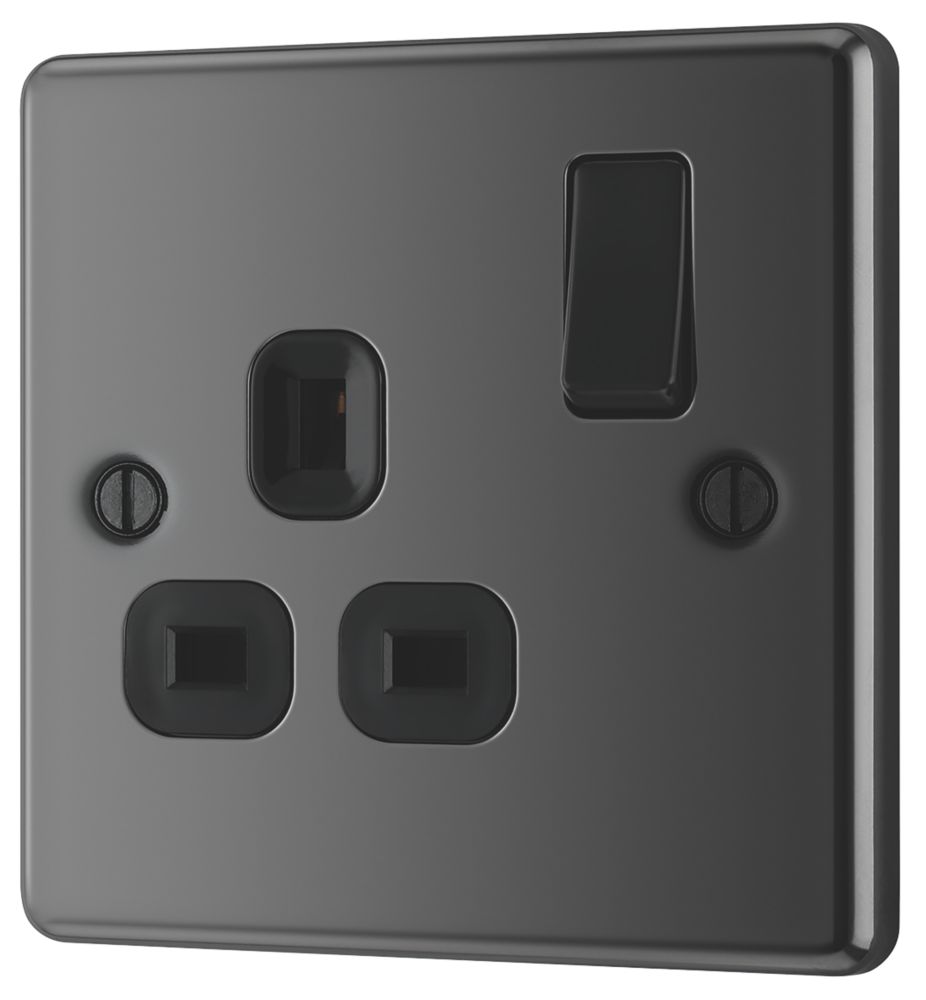 Image of LAP 13A 1-Gang SP Switched Plug Socket Black Nickel with Black Inserts 