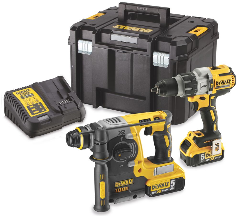 Image of DeWalt DCK229P2T-GB 18V 2 x 5.0Ah Li-Ion XR Brushless Cordless Combi Drill & SDS Plus Drill Twin Pack 
