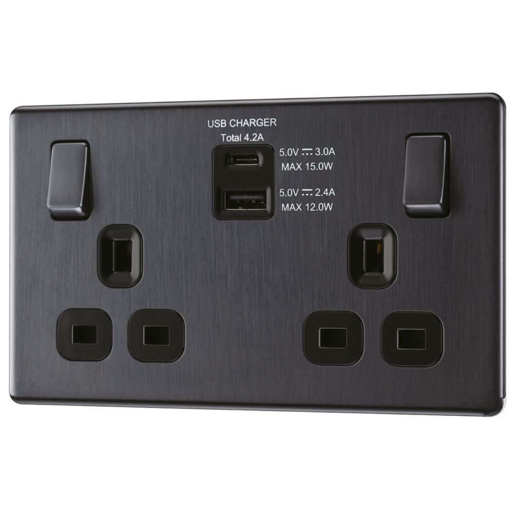 Image of LAP 13A 2-Gang DP Switched Socket + 4.2A 2-Outlet Type A & C USB Charger Slate Grey with Black Inserts 