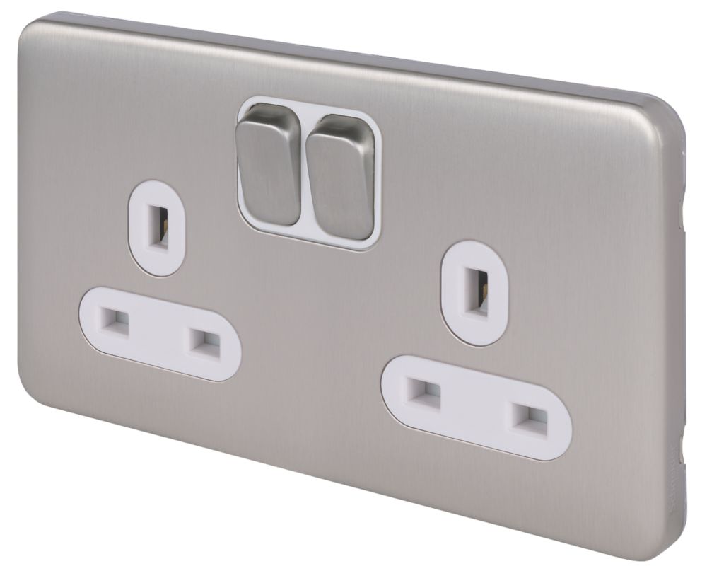 Image of Schneider Electric Lisse Deco 13A 2-Gang SP Switched Plug Socket Brushed Stainless Steel with White Inserts 