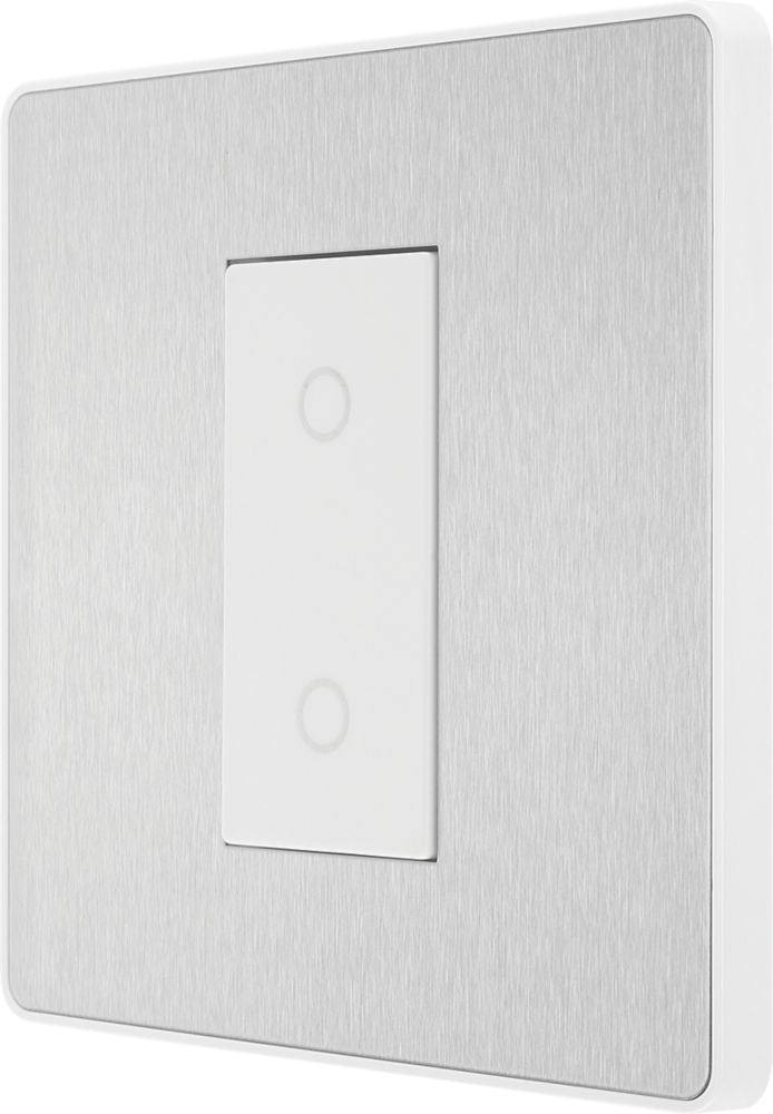 Image of British General Evolve 1-Gang 2-Way LED Single Master Trailing Edge Touch Dimmer Switch Brushed Steel with White Inserts 