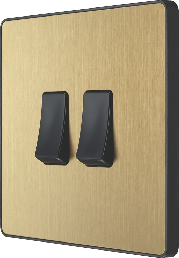 Image of British General Evolve 20 A 16AX 2-Gang 2-Way Wide Rocker Light Switch Satin Brass with Black Inserts 