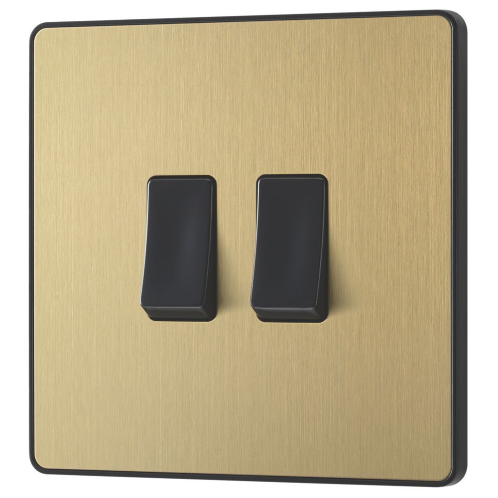 Image of British General Evolve 20 A 16AX 2-Gang 2-Way Wide Rocker Light Switch Satin Brass with Black Inserts 