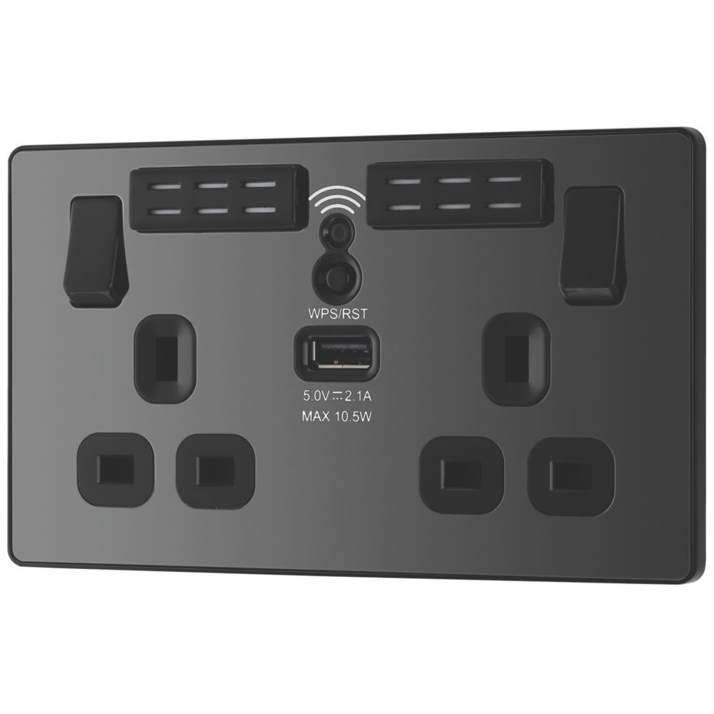 Image of British General Evolve 13A 2-Gang SP Switched Double Socket With WiFi Extender + 2.1A 1-Outlet Type A USB Charger Black with Black Inserts 