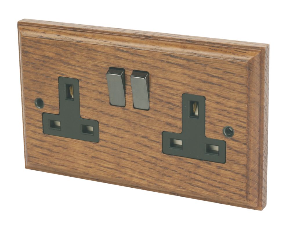 Image of Varilight 13AX 2-Gang DP Switched Plug Socket Medium Oak with Black Inserts 