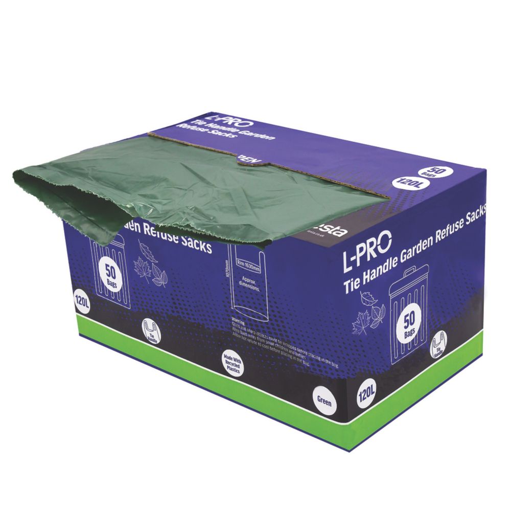 Image of L-PRO Green Garden Refuse Sacks in Dispenser Box 120Ltr 50 Pack 