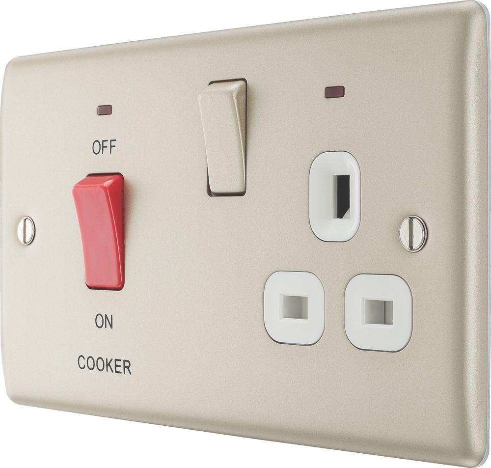 Image of British General Nexus Metal 45A 2-Gang 2-Pole Cooker Switch & 13A DP Switched Socket Pearl Nickel with LED with White Inserts 