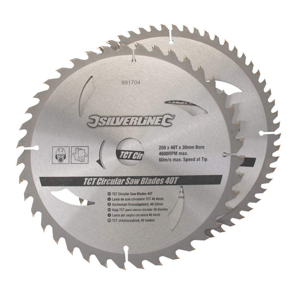 Image of Silverline Wood/Chipboard/MDF TCT Circular Saw Blades 250mm x 30mm 40, 60T 2 Pieces 