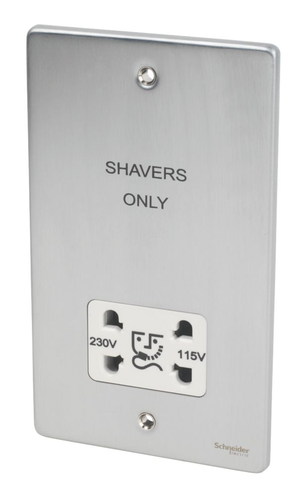 Image of Schneider Electric Ultimate Low Profile 2-Gang Dual Voltage Shaver Socket 115 / 230V Brushed Chrome with White Inserts 