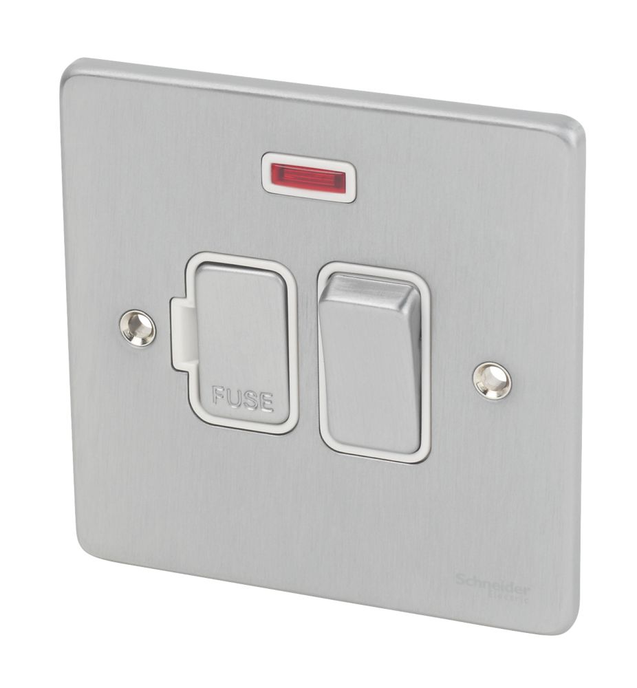 Image of Schneider Electric Ultimate Low Profile 13A Switched Fused Spur with Neon Brushed Chrome with White Inserts 