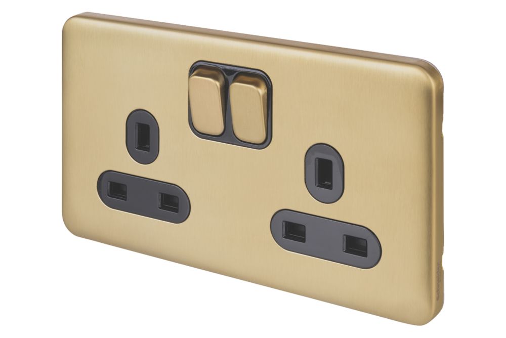 Image of Schneider Electric Lisse Deco 13A 2-Gang SP Switched Plug Socket Satin Brass with Black Inserts 