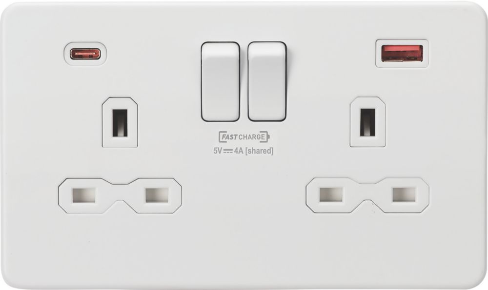 Image of Knightsbridge 13A 2-Gang DP Switched Socket + 4.0A 2-Outlet Type A & C USB Charger Matt White with White Inserts 