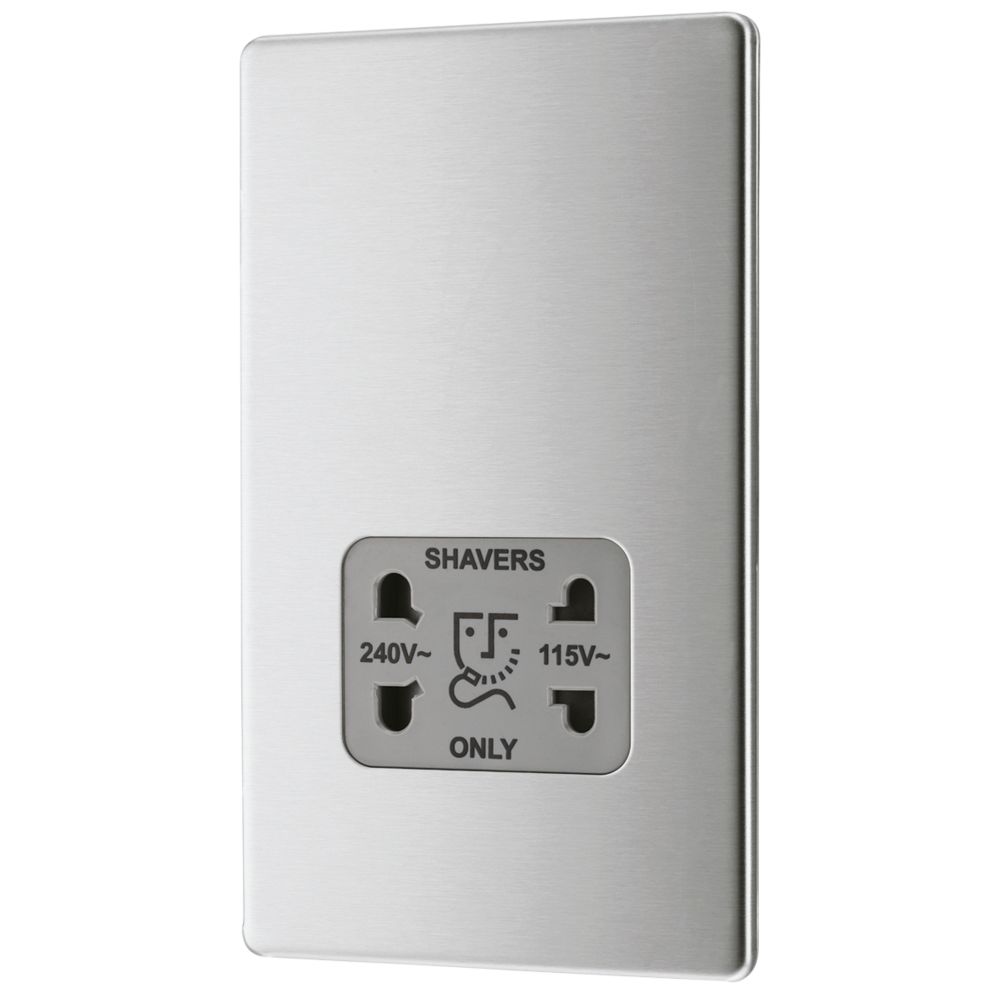 Image of LAP 2-Gang Dual Voltage Shaver Socket 115 / 230V Brushed Stainless Steel with Graphite Inserts 