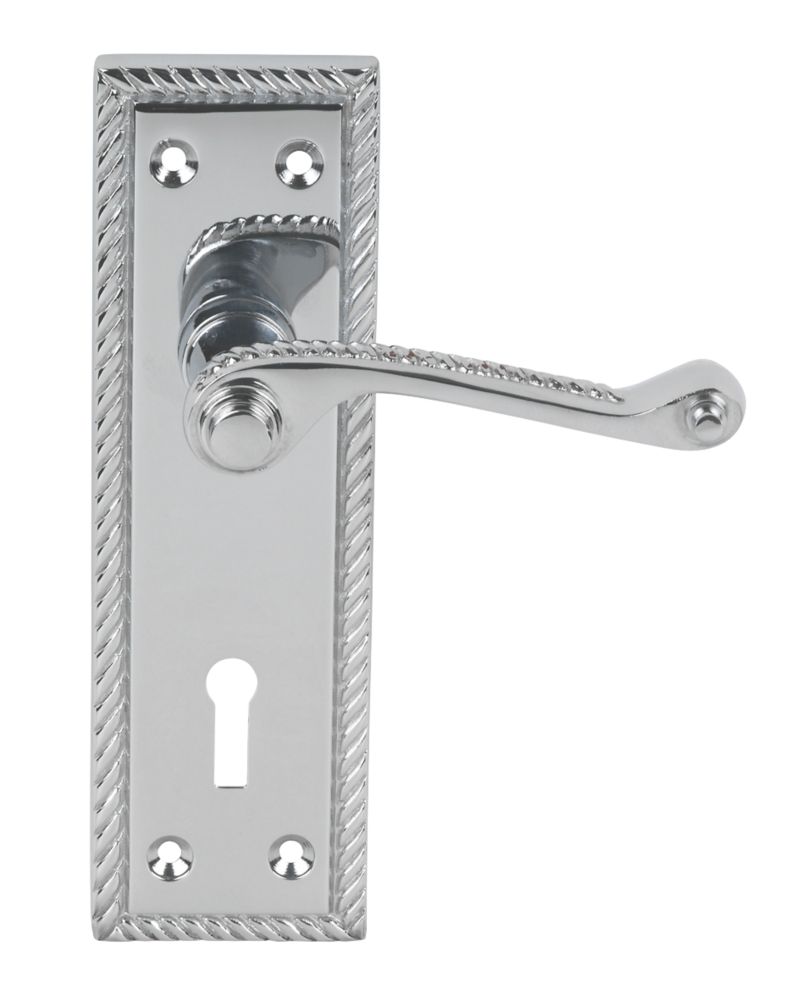 Image of Smith & Locke Long Backplate Georgian Scroll Fire Rated Lock Door Handles Pair Polished Chrome 