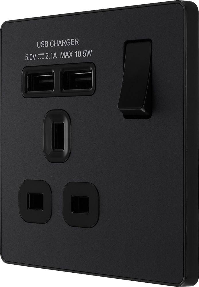 Image of British General Evolve 13A 1-Gang SP Switched Socket + 2.1A 2-Outlet Type A USB Charger Matt Black with Black Inserts 
