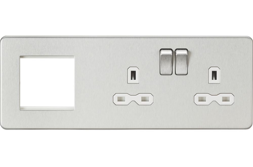 Image of Knightsbridge 13A 2-Gang DP Combination Plate Brushed Chrome with White Inserts 