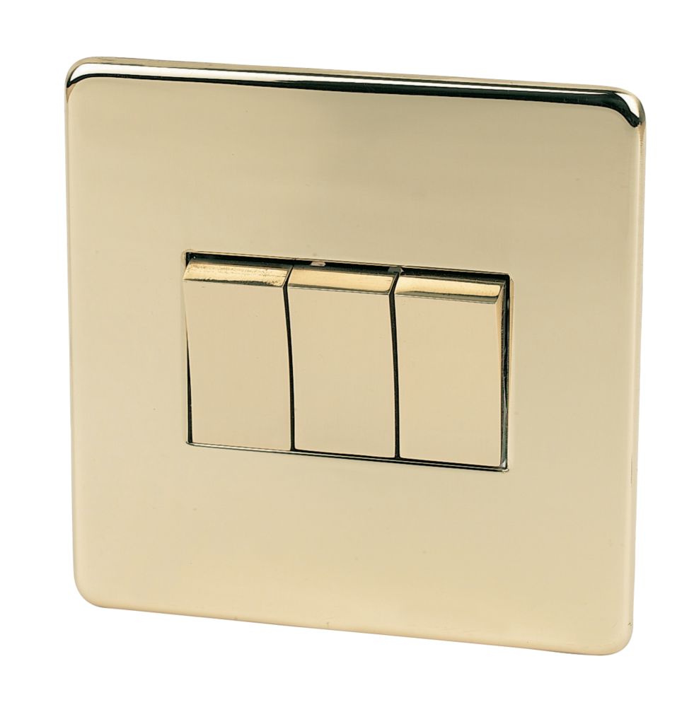 Image of Crabtree Platinum 10AX 3-Gang 2-Way Light Switch Polished Brass 