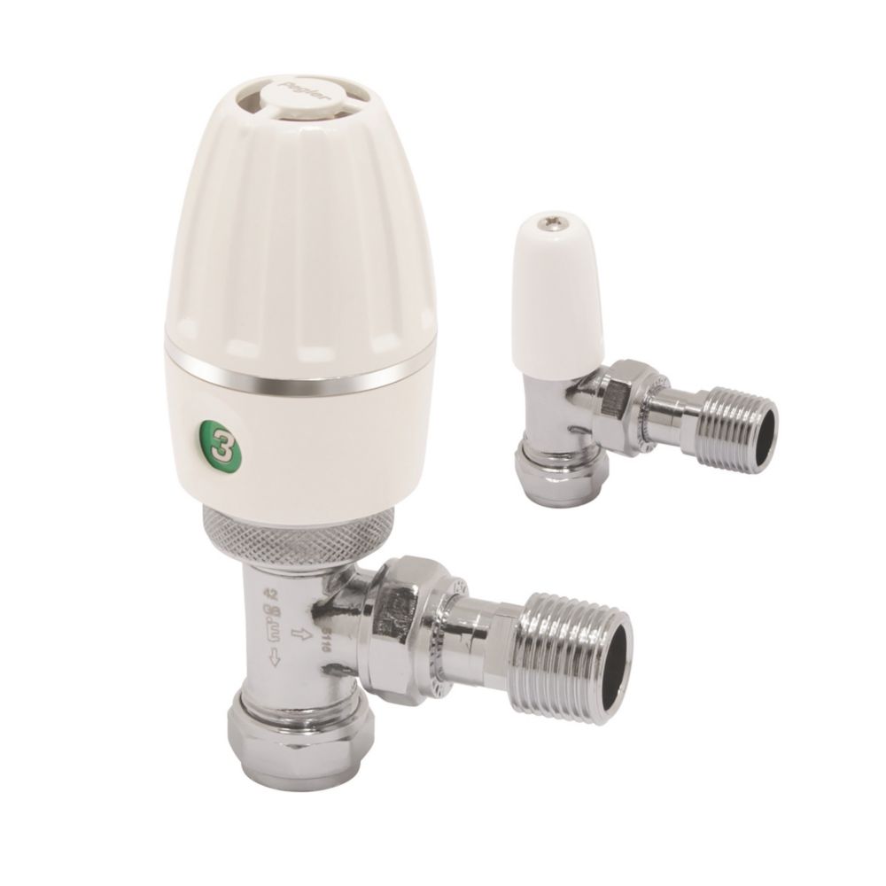 Image of Pegler Terrier Terrier 3 White Angled Thermostatic TRV & Lockshield 15mm x 1/2" 