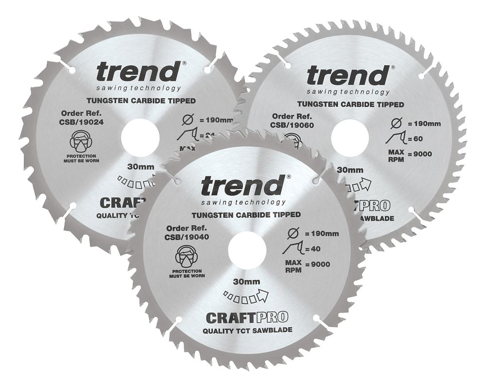 Image of Trend Wood TCT Circular Saw Blades 190mm x 30mm 24 / 40 / 60T 3 Pack 