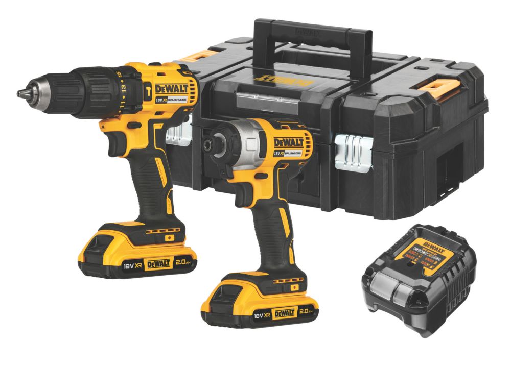 Image of DeWalt DCK2060D2T-SFGB 18V 2 x 2.0Ah Li-Ion XR Brushless Cordless Combi Drill and Impact Driver Twin Pack 