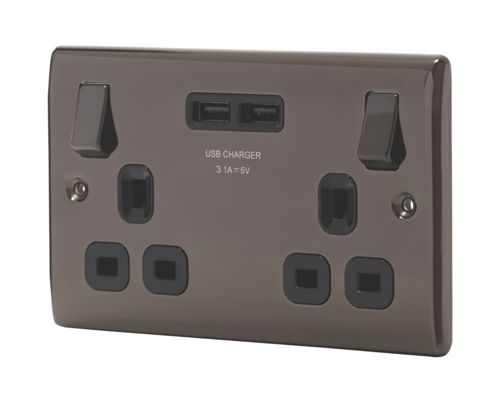 Image of British General Nexus Metal 13A 2-Gang SP Switched Socket + 3.1A 2-Outlet Type A USB Charger Black Nickel with Black Inserts 