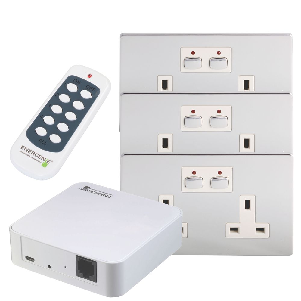 Image of Energenie MiHome 13A 2-Gang SP Switched Smart Socket Bundle Brushed Chrome 