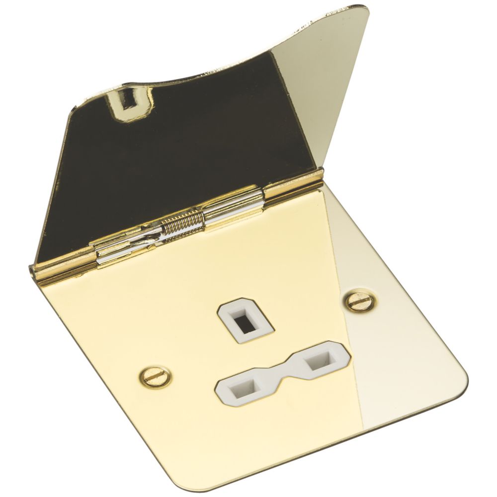 Image of Knightsbridge FPR7UPBW 13A 1-Gang Unswitched Floor Socket Polished Brass with White Inserts 