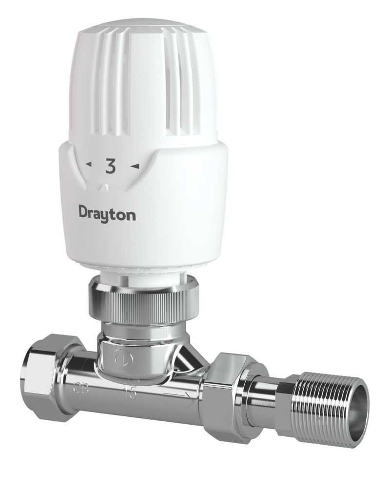 Image of Drayton RT414 White Straight Thermostatic Radiator Valve with Auto-Balancing Technology 15mm x 1/2" 