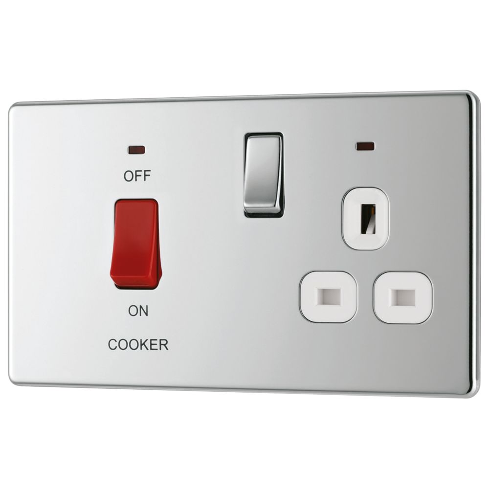 Image of LAP 45A 2-Gang DP Cooker Switch & 13A DP Switched Socket Polished Chrome with LED with White Inserts 