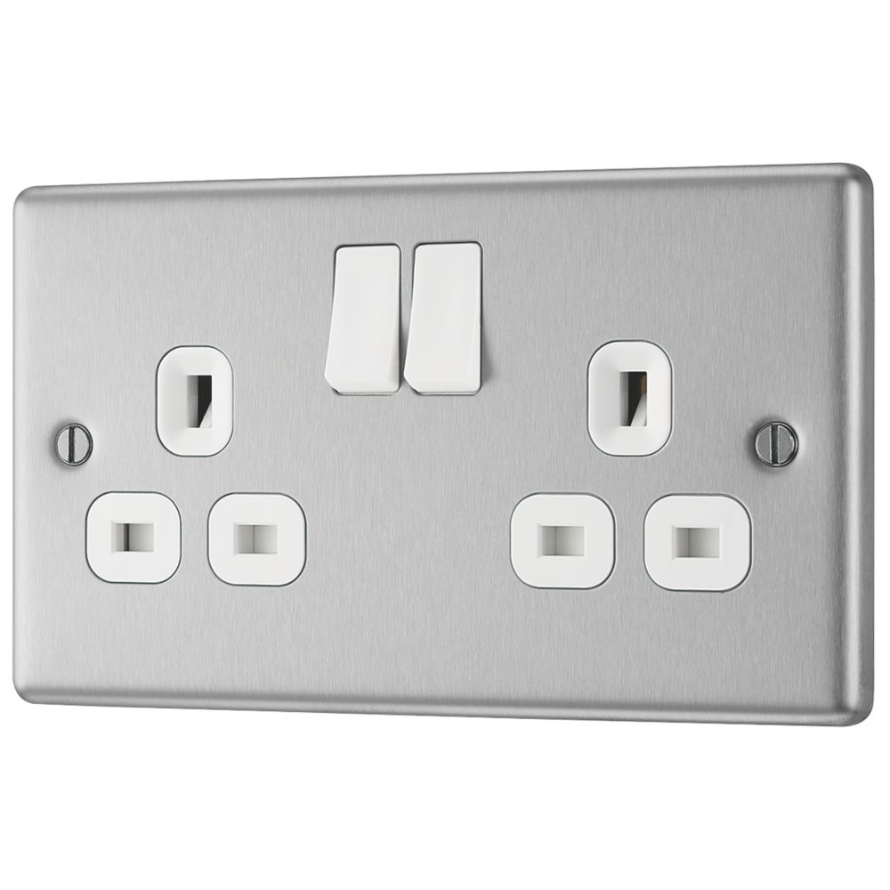Image of LAP 13A 2-Gang SP Switched Plug Socket Brushed Stainless Steel with White Inserts 
