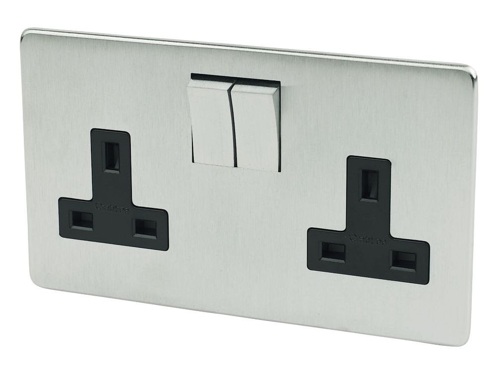Image of Crabtree Platinum 13A 2-Gang DP Switched Plug Socket Satin Chrome with Black Inserts 