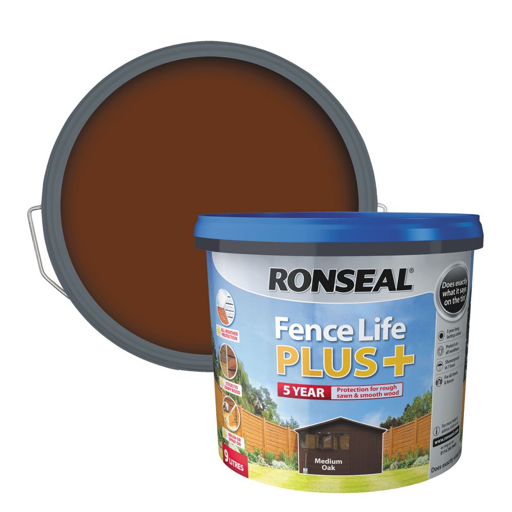 Image of Ronseal Fence Life Plus Shed & Fence Treatment Medium Oak 9Ltr 