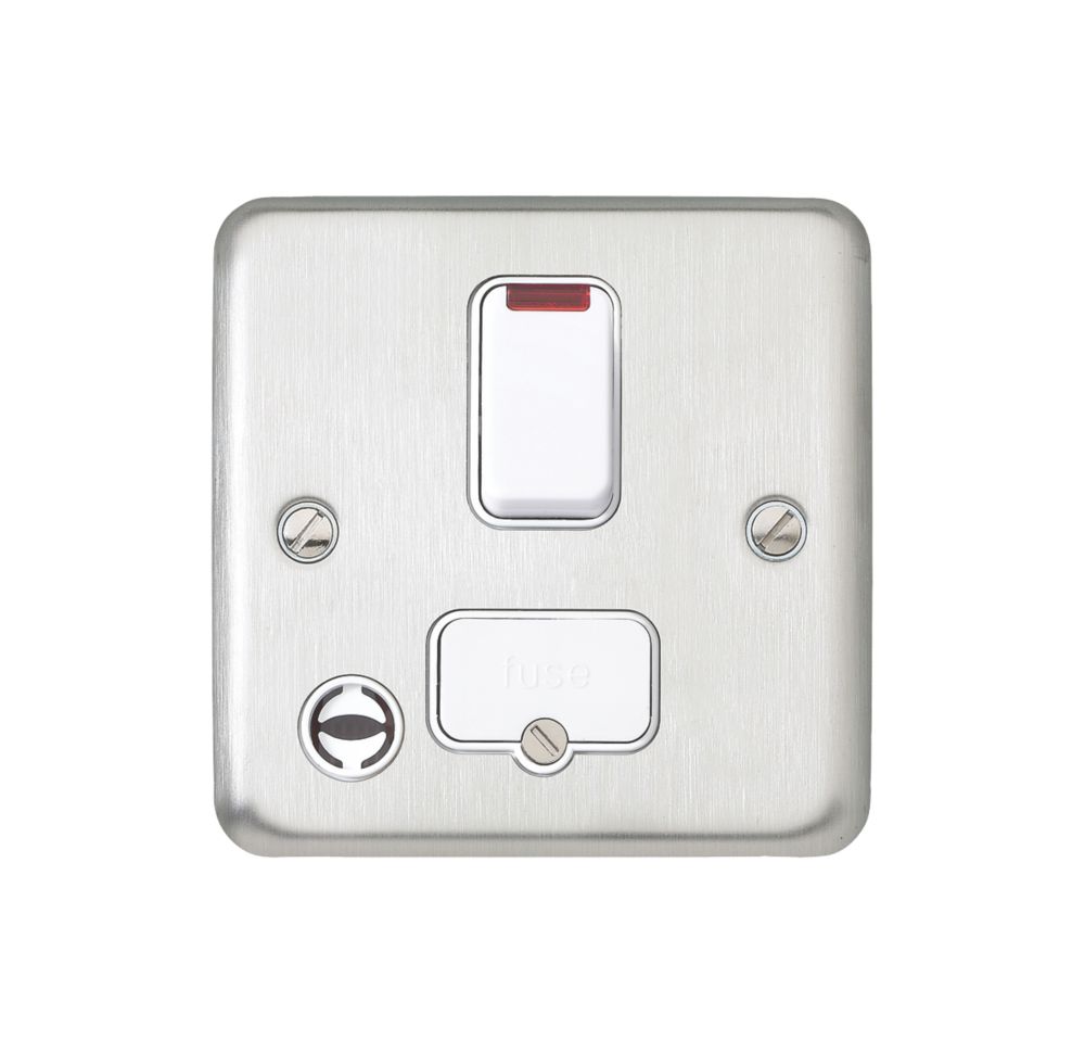 Image of MK Contoura 13A Switched Fused Spur & Flex Outlet with Neon Brushed Stainless Steel with White Inserts 