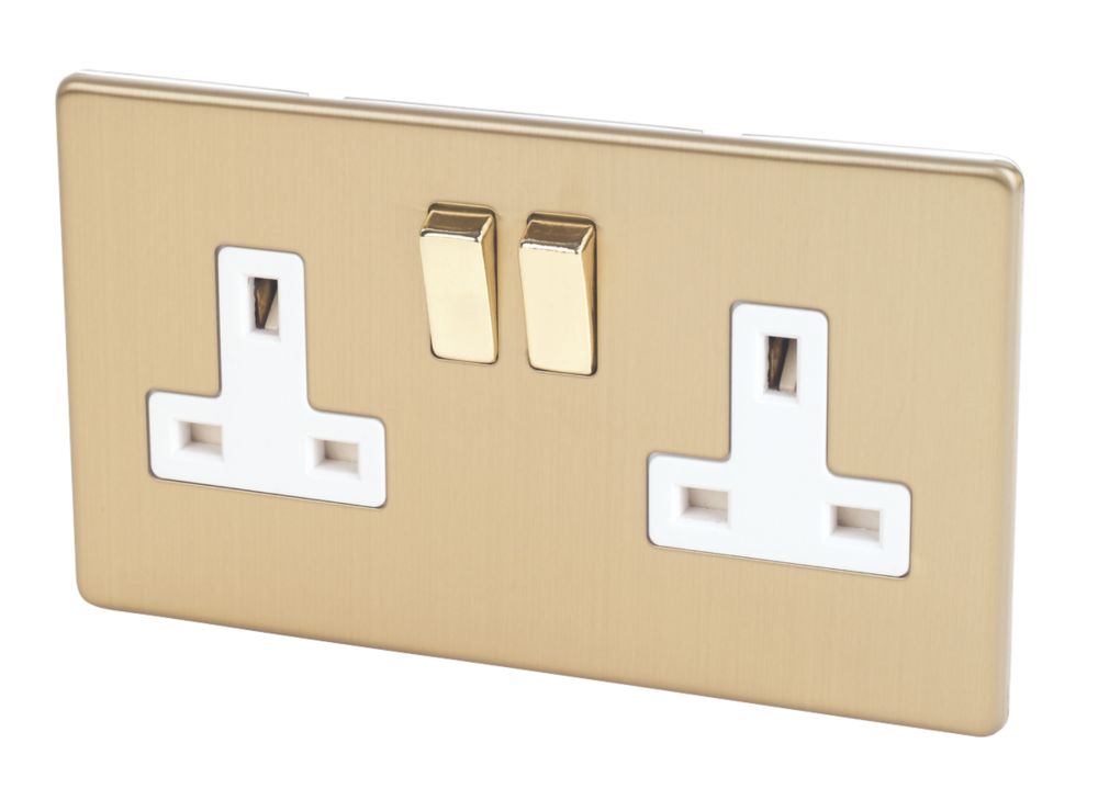 Image of Varilight 13AX 2-Gang DP Switched Plug Socket Brushed Brass with White Inserts 