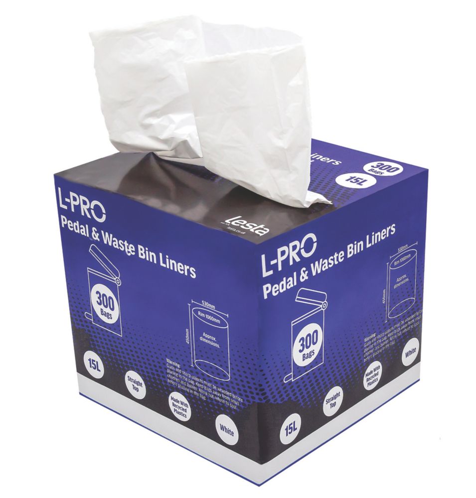Image of L-PRO White Pedal Bin Liners in Dispenser Box 15Ltr 300 Pack 