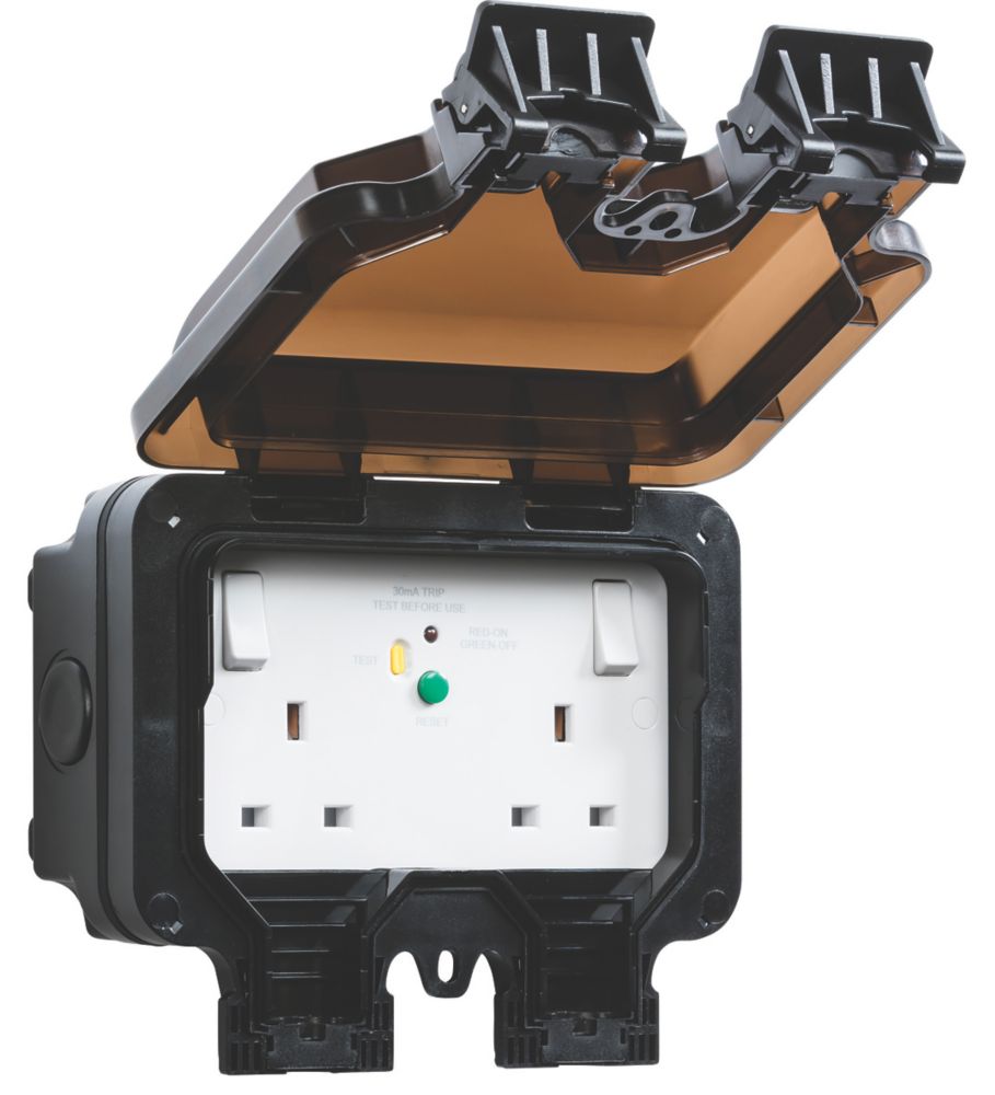 Image of Knightsbridge IP66 13A 2-Gang DP Weatherproof Outdoor Switched Passive RCD Socket 