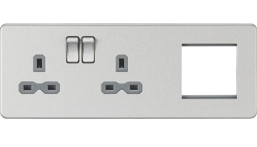 Image of Knightsbridge 13A 2-Gang DP Combination Plate Brushed Chrome with Colour-Matched Inserts 