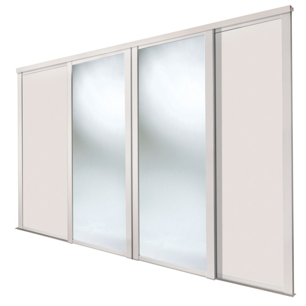 Image of Spacepro Shaker 4-Door Sliding Wardrobe Door Kit Cashmere Frame Cashmere / Mirror Panel 2290mm x 2260mm 