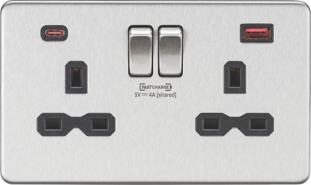 Image of Knightsbridge 13A 2-Gang DP Switched Socket + 4.0A 2-Outlet Type A & C USB Charger Brushed Chrome with Black Inserts 