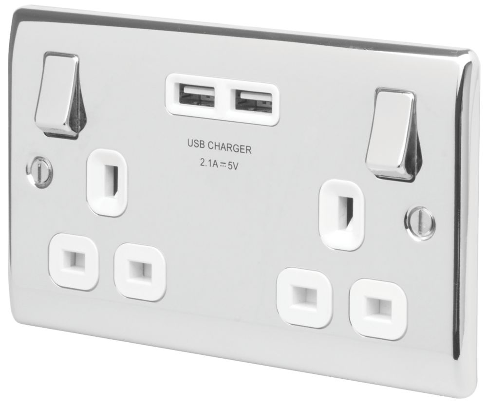 Image of British General Nexus Metal 13A 2-Gang SP Switched Socket + 3.1A 2-Outlet Type A USB Charger Polished Chrome with White Inserts 