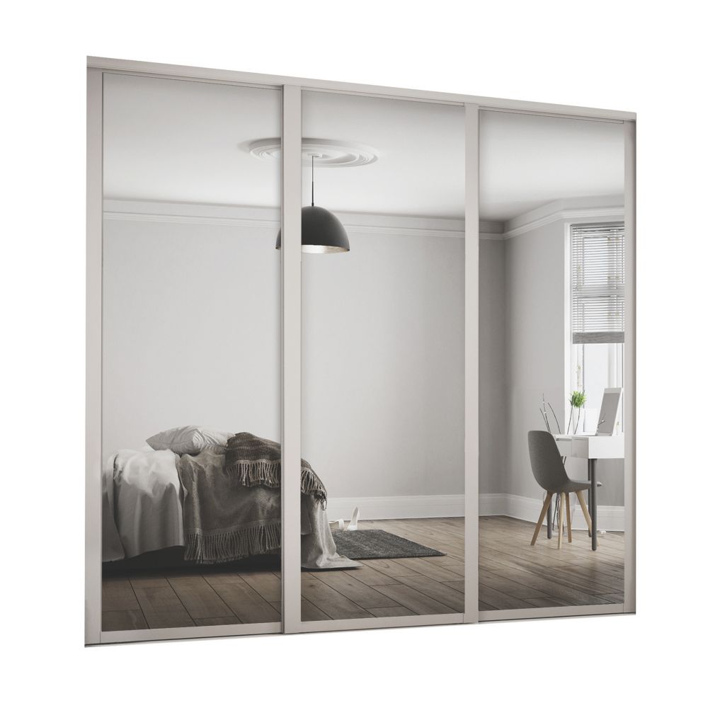 Image of Spacepro Shaker 3-Door Sliding Wardrobe Door Kit Cashmere Frame Mirror Panel 2592mm x 2260mm 