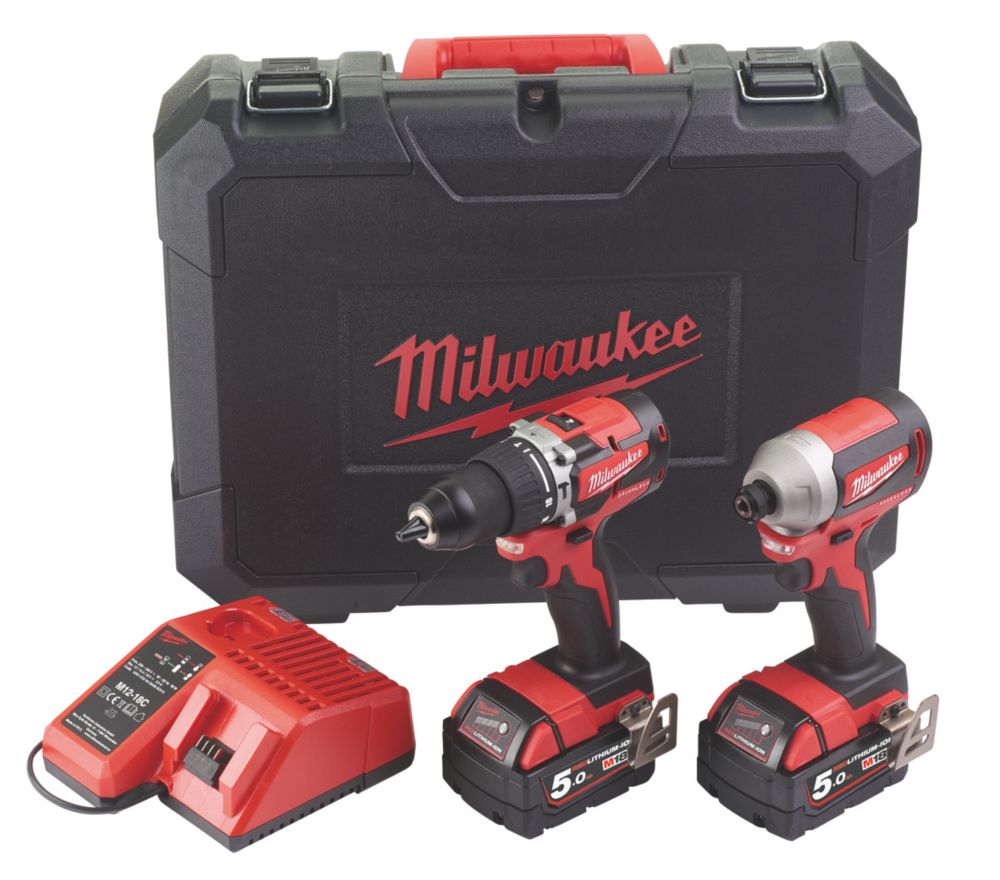 Image of Milwaukee M18 CBLPP2A-502C 18V 2 x 5.0Ah Li-Ion RedLithium Brushless Cordless Combi Drill & Impact Driver Twin Pack 