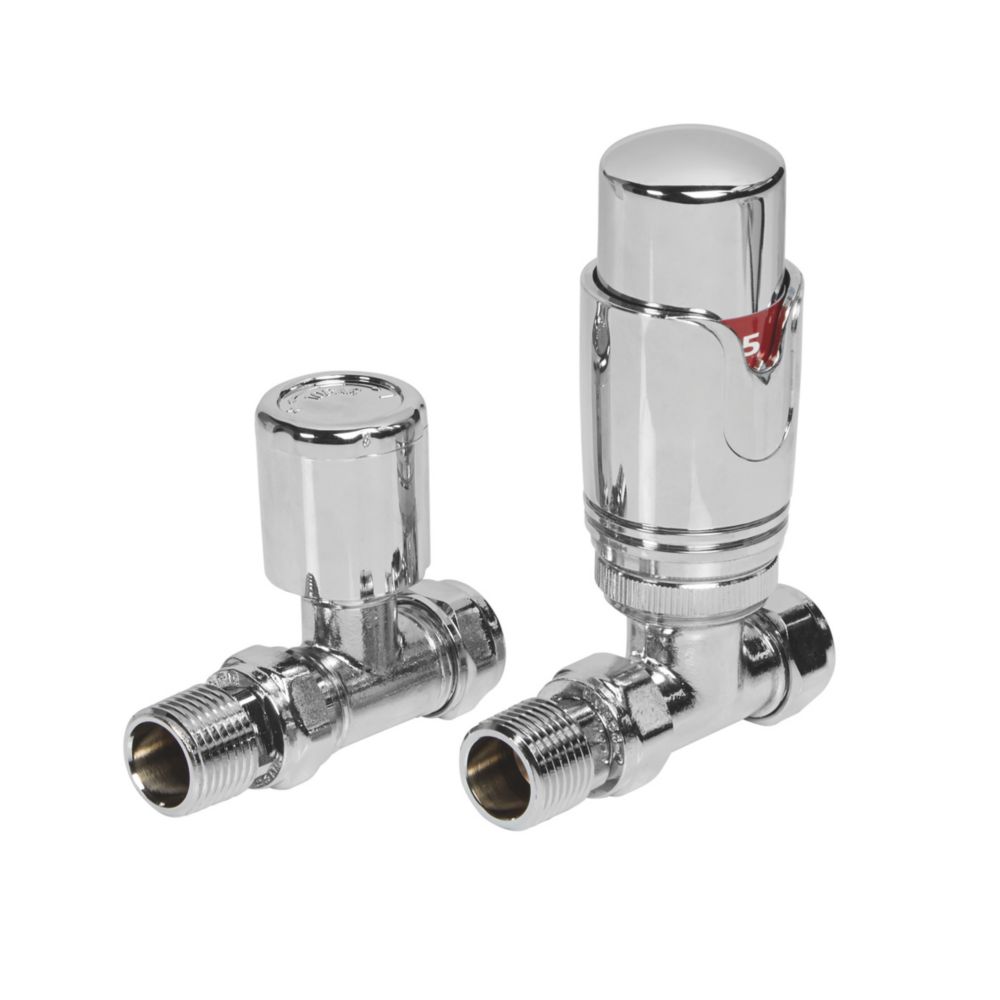 Image of Towelrads Chrome Straight Thermostatic TRV & Lockshield 15mm x 1/2" 