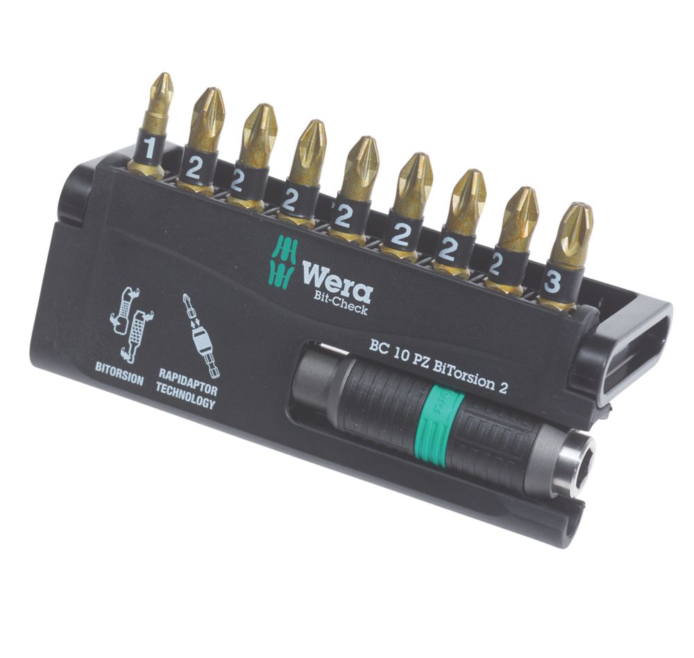 Image of Wera Bit-Check 1/4" Hex Shank PZ BiTorsion Extra-Hard Screwdriver Bit Set 10 Pieces 
