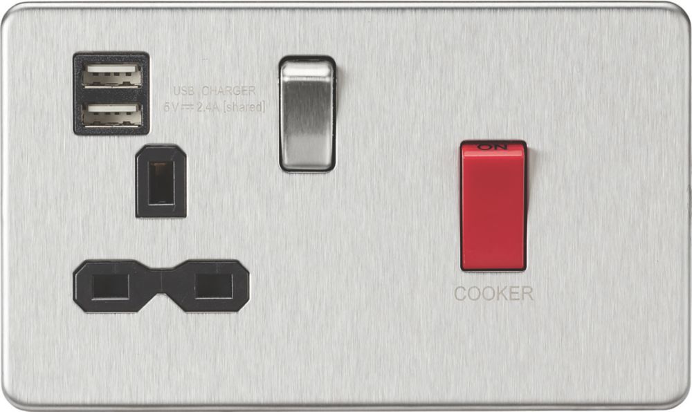 Image of Knightsbridge 45 & 13A 1-Gang DP Cooker Switch & 13A DP Switched Socket + 2.4A 2-Outlet Type A USB Charger Brushed Chrome with Black Inserts 